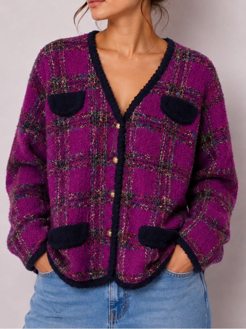 Vintage Sweater V-neck Grandmacore Plaid Fuchsia Cottagecore Wool Cardigan Warm
